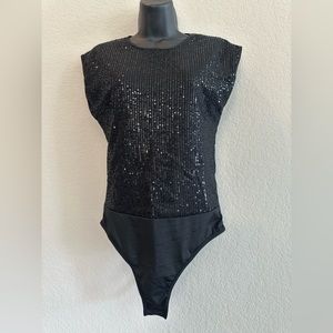 Black Sequin Bodysuit Sleeveless Women Size Large